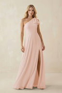 Ruffled One Shoulder Chiffon Bridesmaid Dress With Slit in Pale Blush - SHE IS ME BRIDESMAID DRESSES
