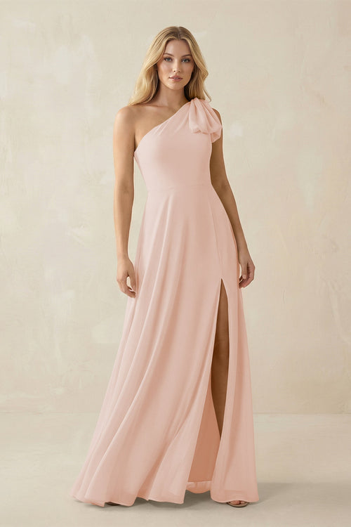 Ruffled One Shoulder Chiffon Bridesmaid Dress With Slit in Pale Blush - SHE IS ME BRIDESMAID DRESSES
