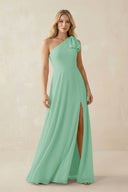 Ruffled One Shoulder Chiffon Bridesmaid Dress With Slit in Pale Pistachio - SHE IS ME BRIDESMAID DRESSES