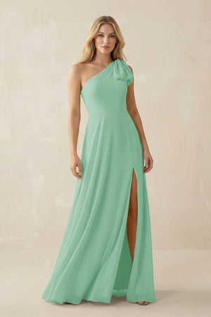 Ruffled One Shoulder Chiffon Bridesmaid Dress With Slit in Pale Pistachio - SHE IS ME BRIDESMAID DRESSES