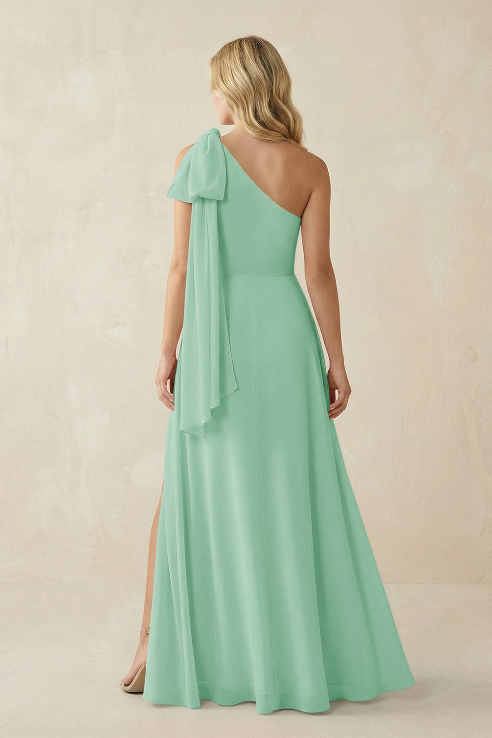 Ruffled One Shoulder Chiffon Bridesmaid Dress With Slit in Pale Pistachio - KISS BRIDAL BRIDESMAID DRESSES
