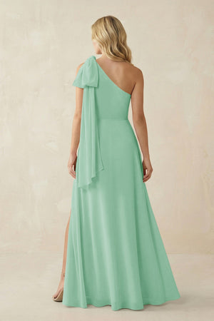 Ruffled One Shoulder Chiffon Bridesmaid Dress With Slit in Pale Pistachio - SHE IS ME BRIDESMAID DRESSES