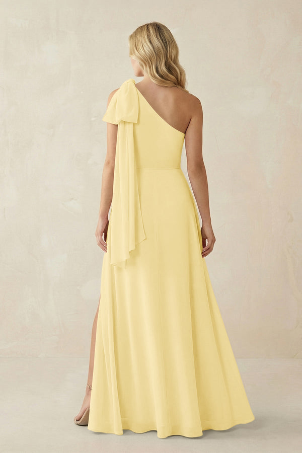 Ruffled One Shoulder Chiffon Bridesmaid Dress With Slit in Pastel Yellow - SHE IS ME BRIDESMAID DRESSES