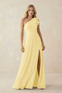Ruffled One Shoulder Chiffon Bridesmaid Dress With Slit in Pastel Yellow - SHE IS ME BRIDESMAID DRESSES