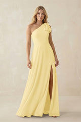 Ruffled One Shoulder Chiffon Bridesmaid Dress With Slit in Pastel Yellow - KISS BRIDAL BRIDESMAID DRESSES