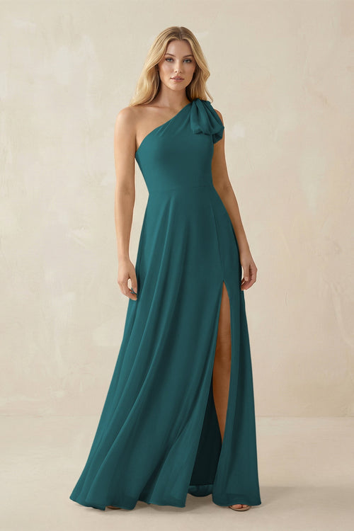 Ruffled One Shoulder Chiffon Bridesmaid Dress With Slit in Pine - SHE IS ME BRIDESMAID DRESSES
