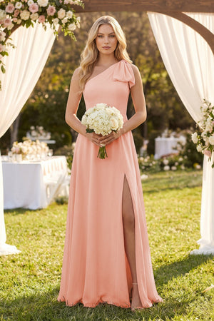 Ruffled One Shoulder Chiffon Bridesmaid Dress With Slit in Rose Petal - SHE IS ME BRIDESMAID DRESSES