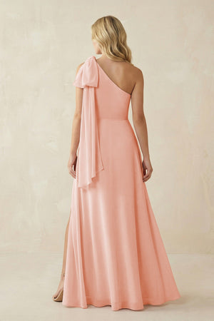 Ruffled One Shoulder Chiffon Bridesmaid Dress With Slit in Rose Petal - SHE IS ME BRIDESMAID DRESSES