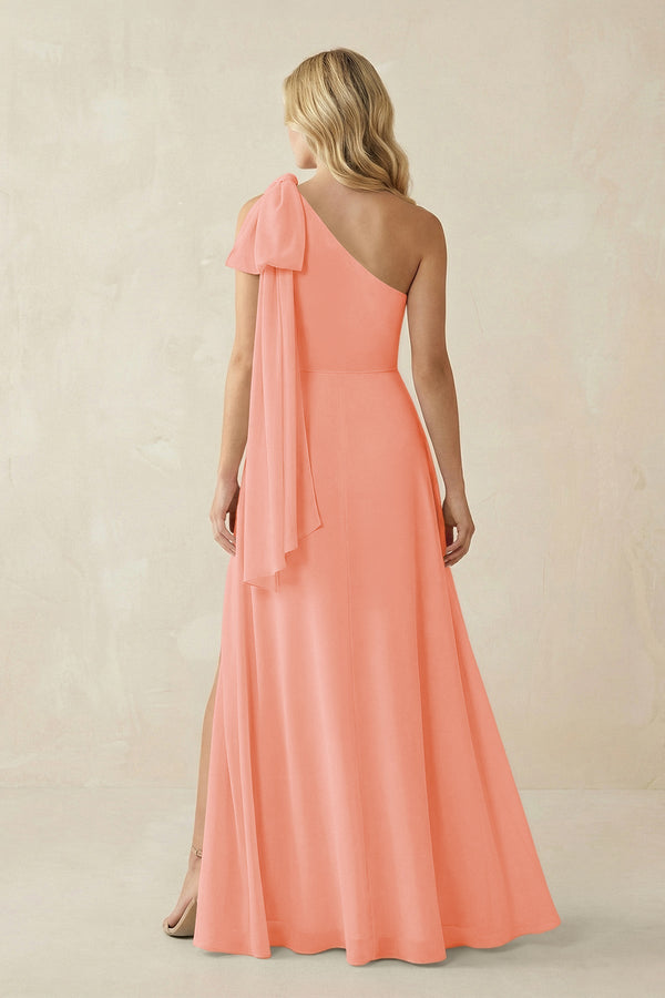 Ruffled One Shoulder Chiffon Bridesmaid Dress With Slit in Rosette - SHE IS ME BRIDESMAID DRESSES