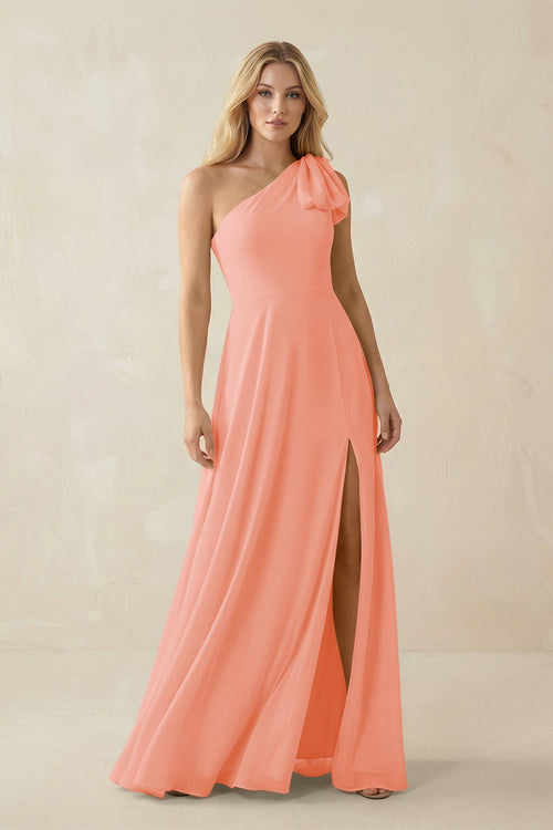 Ruffled One Shoulder Chiffon Bridesmaid Dress With Slit in Rosette - SHE IS ME BRIDESMAID DRESSES