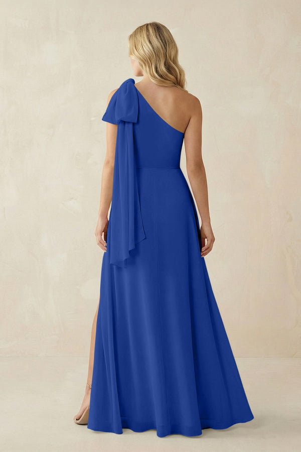 Ruffled One Shoulder Chiffon Bridesmaid Dress With Slit in Royal Blue - SHE IS ME BRIDESMAID DRESSES