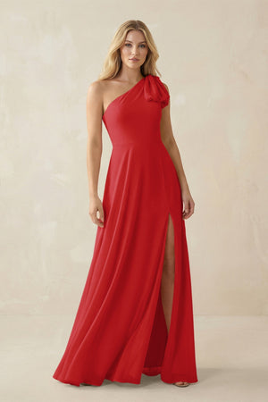 Ruffled One Shoulder Chiffon Bridesmaid Dress With Slit in Ruby Red - SHE IS ME BRIDESMAID DRESSES