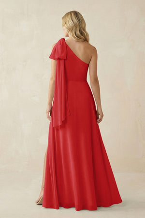 Ruffled One Shoulder Chiffon Bridesmaid Dress With Slit in Ruby Red - SHE IS ME BRIDESMAID DRESSES