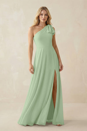 Ruffled One Shoulder Chiffon Bridesmaid Dress With Slit in Sage - SHE IS ME BRIDESMAID DRESSES