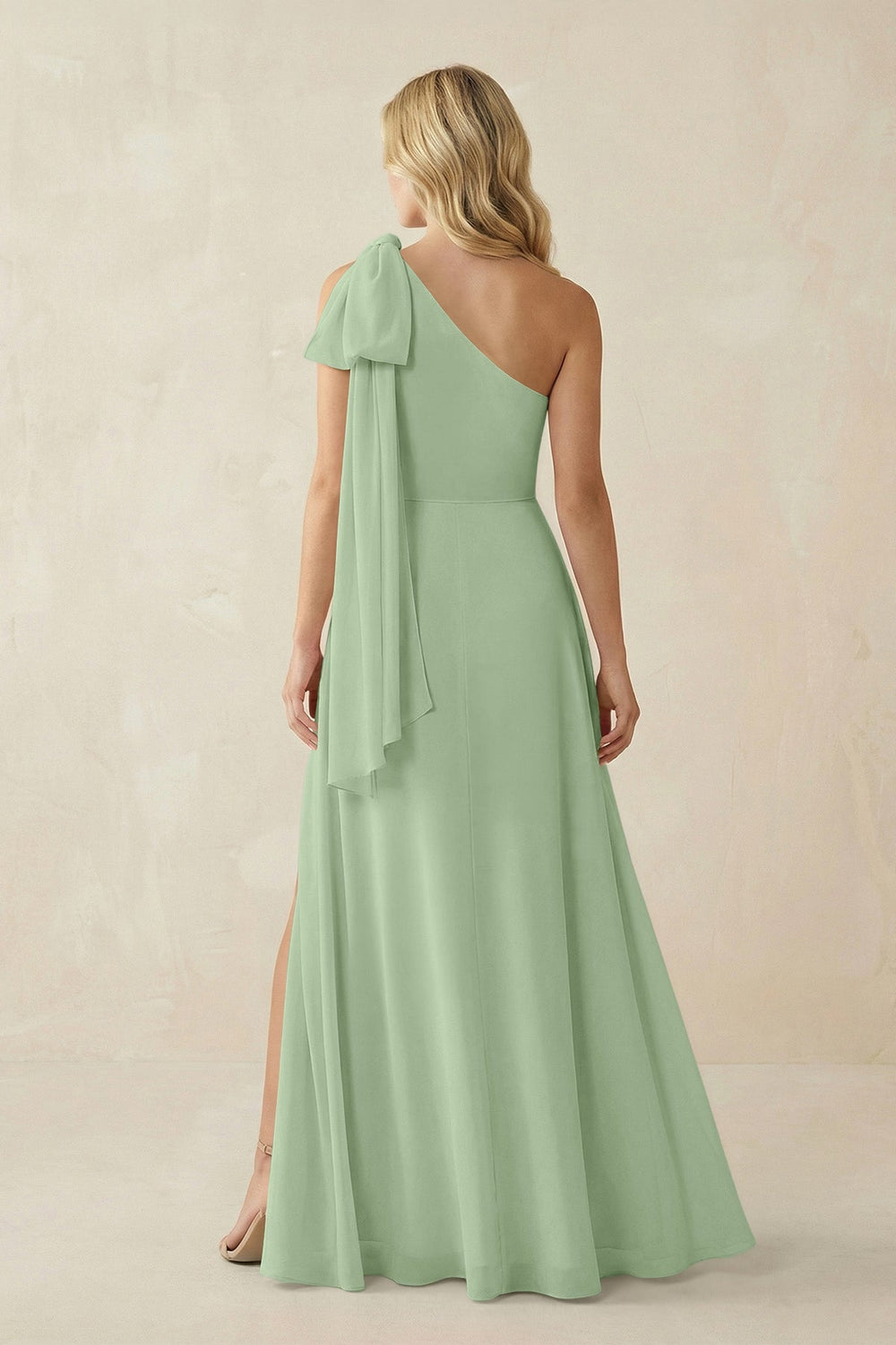 Ruffled One Shoulder Chiffon Bridesmaid Dress With Slit in Sage - KISS BRIDAL BRIDESMAID DRESSES