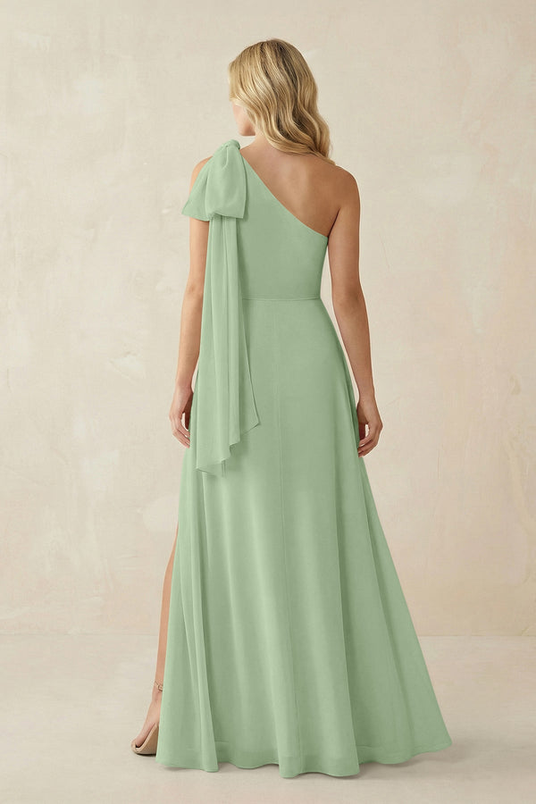 Ruffled One Shoulder Chiffon Bridesmaid Dress With Slit in Sage - SHE IS ME BRIDESMAID DRESSES