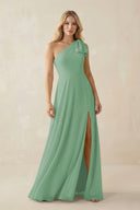 Ruffled One Shoulder Chiffon Bridesmaid Dress With Slit in Sea Glass - SHE IS ME BRIDESMAID DRESSES