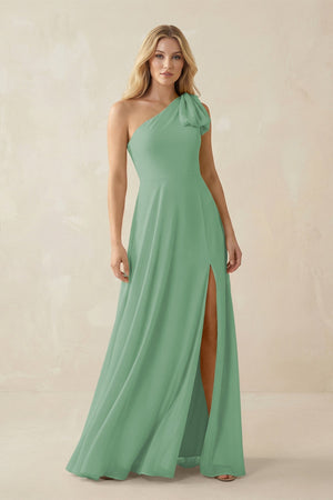 Ruffled One Shoulder Chiffon Bridesmaid Dress With Slit in Sea Glass - SHE IS ME BRIDESMAID DRESSES