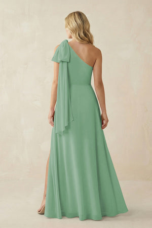 Ruffled One Shoulder Chiffon Bridesmaid Dress With Slit in Sea Glass - SHE IS ME BRIDESMAID DRESSES