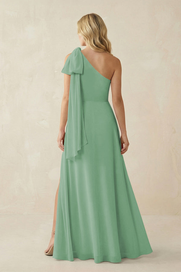 Ruffled One Shoulder Chiffon Bridesmaid Dress With Slit in Sea Glass - SHE IS ME BRIDESMAID DRESSES
