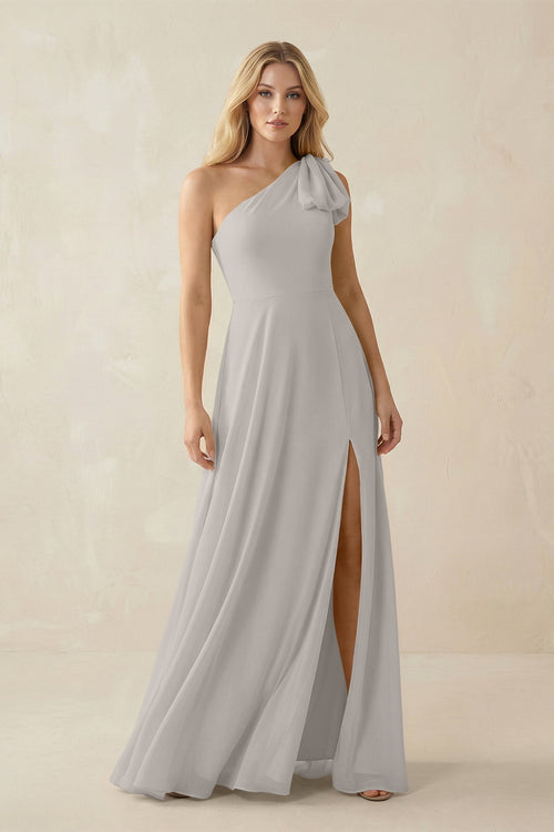 Ruffled One Shoulder Chiffon Bridesmaid Dress With Slit in Silver - SHE IS ME BRIDESMAID DRESSES