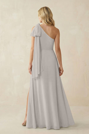 Ruffled One Shoulder Chiffon Bridesmaid Dress With Slit in Silver - SHE IS ME BRIDESMAID DRESSES