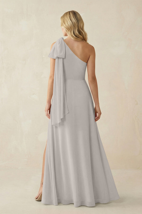 Ruffled One Shoulder Chiffon Bridesmaid Dress With Slit in Silver - SHE IS ME BRIDESMAID DRESSES