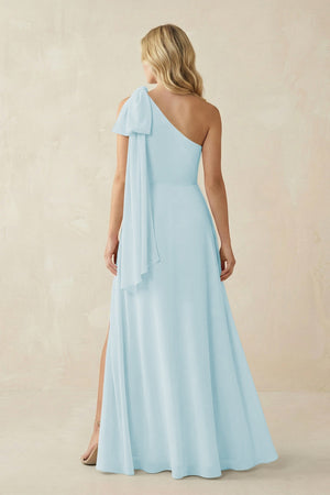 Ruffled One Shoulder Chiffon Bridesmaid Dress With Slit in Sky Blue - SHE IS ME BRIDESMAID DRESSES