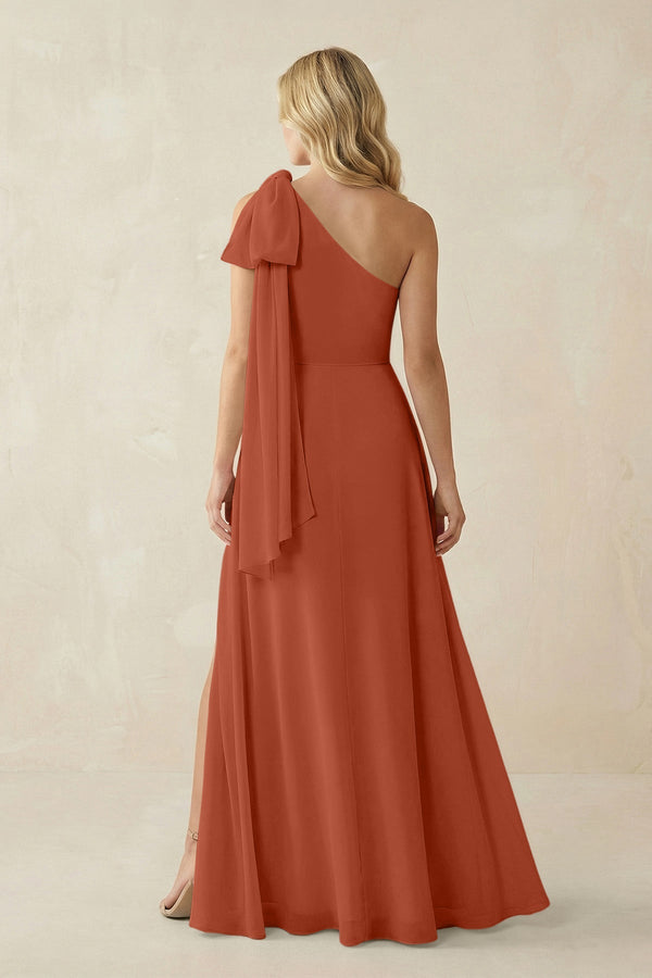 Ruffled One Shoulder Chiffon Bridesmaid Dress With Slit in Spice - SHE IS ME BRIDESMAID DRESSES