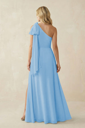Ruffled One Shoulder Chiffon Bridesmaid Dress With Slit in Steel Blue - SHE IS ME BRIDESMAID DRESSES