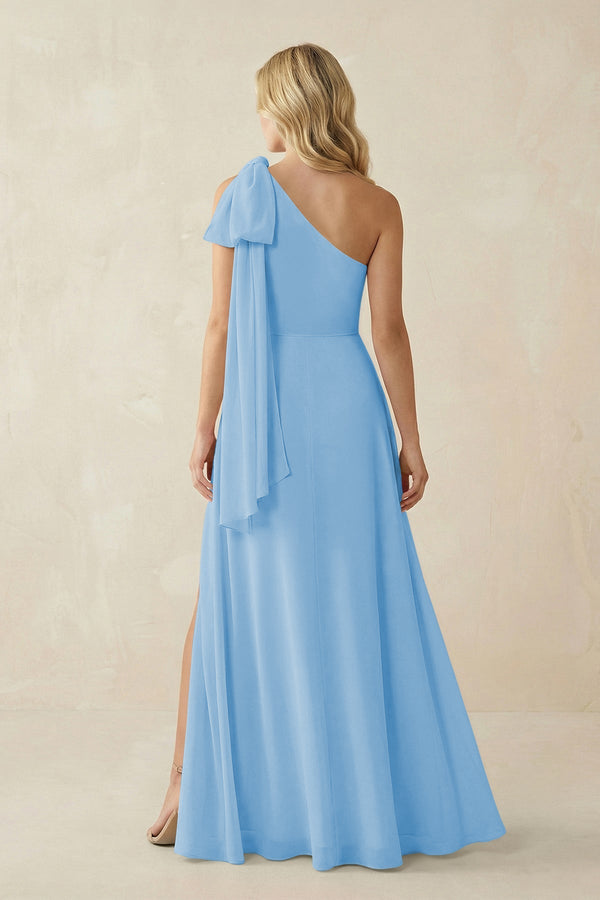 Ruffled One Shoulder Chiffon Bridesmaid Dress With Slit in Steel Blue - SHE IS ME BRIDESMAID DRESSES