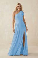Ruffled One Shoulder Chiffon Bridesmaid Dress With Slit in Steel Blue - SHE IS ME BRIDESMAID DRESSES