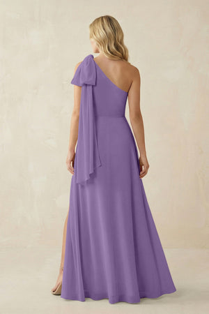 Ruffled One Shoulder Chiffon Bridesmaid Dress With Slit in Tahiti - SHE IS ME BRIDESMAID DRESSES