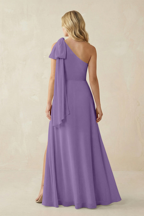 Ruffled One Shoulder Chiffon Bridesmaid Dress With Slit in Tahiti - SHE IS ME BRIDESMAID DRESSES