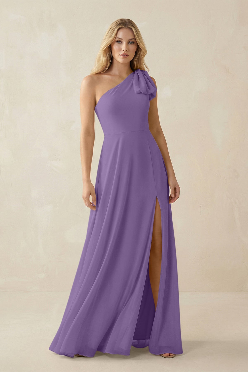 Ruffled One Shoulder Chiffon Bridesmaid Dress With Slit in Tahiti - KISS BRIDAL BRIDESMAID DRESSES