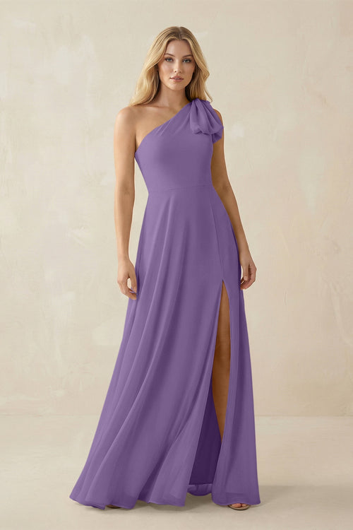 Ruffled One Shoulder Chiffon Bridesmaid Dress With Slit in Tahiti - SHE IS ME BRIDESMAID DRESSES