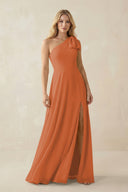 Ruffled One Shoulder Chiffon Bridesmaid Dress With Slit in Terracotta - SHE IS ME BRIDESMAID DRESSES