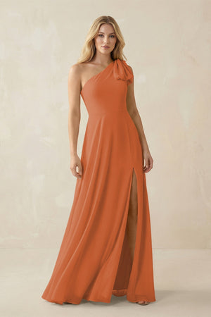 Ruffled One Shoulder Chiffon Bridesmaid Dress With Slit in Terracotta - SHE IS ME BRIDESMAID DRESSES
