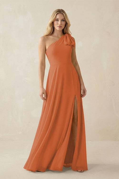 Ruffled One Shoulder Chiffon Bridesmaid Dress With Slit in Terracotta - SHE IS ME BRIDESMAID DRESSES