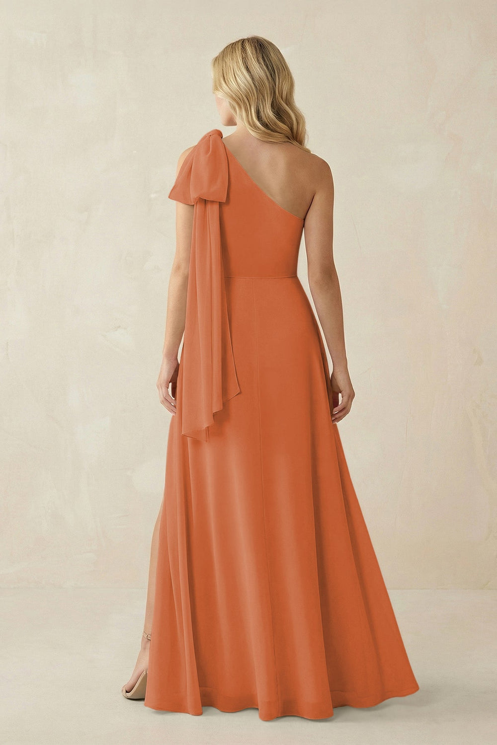 Ruffled One Shoulder Chiffon Bridesmaid Dress With Slit in Terracotta - KISS BRIDAL BRIDESMAID DRESSES