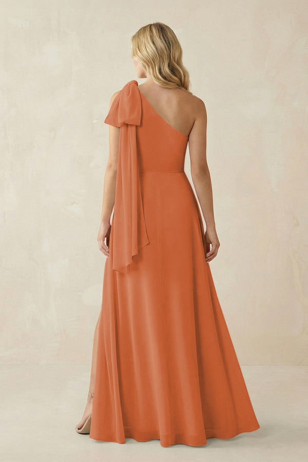 Ruffled One Shoulder Chiffon Bridesmaid Dress With Slit in Terracotta - SHE IS ME BRIDESMAID DRESSES