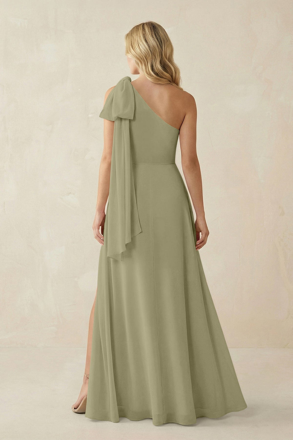 Ruffled One Shoulder Chiffon Bridesmaid Dress With Slit in Thyme - KISS BRIDAL BRIDESMAID DRESSES