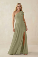 Ruffled One Shoulder Chiffon Bridesmaid Dress With Slit in Thyme - SHE IS ME BRIDESMAID DRESSES