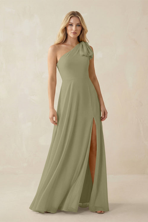 Ruffled One Shoulder Chiffon Bridesmaid Dress With Slit in Thyme - SHE IS ME BRIDESMAID DRESSES