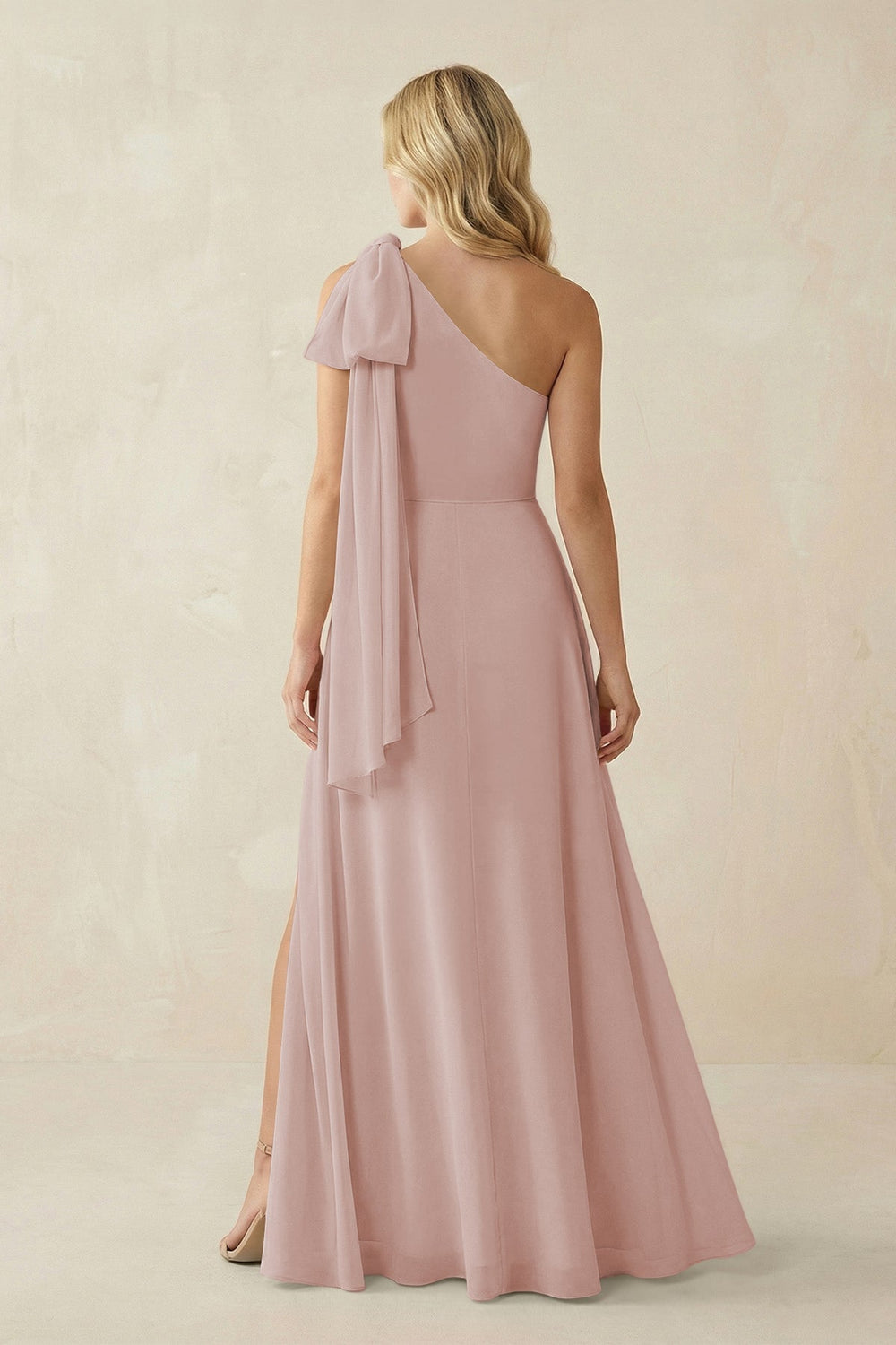Ruffled One Shoulder Chiffon Bridesmaid Dress With Slit in Toffee - KISS BRIDAL BRIDESMAID DRESSES