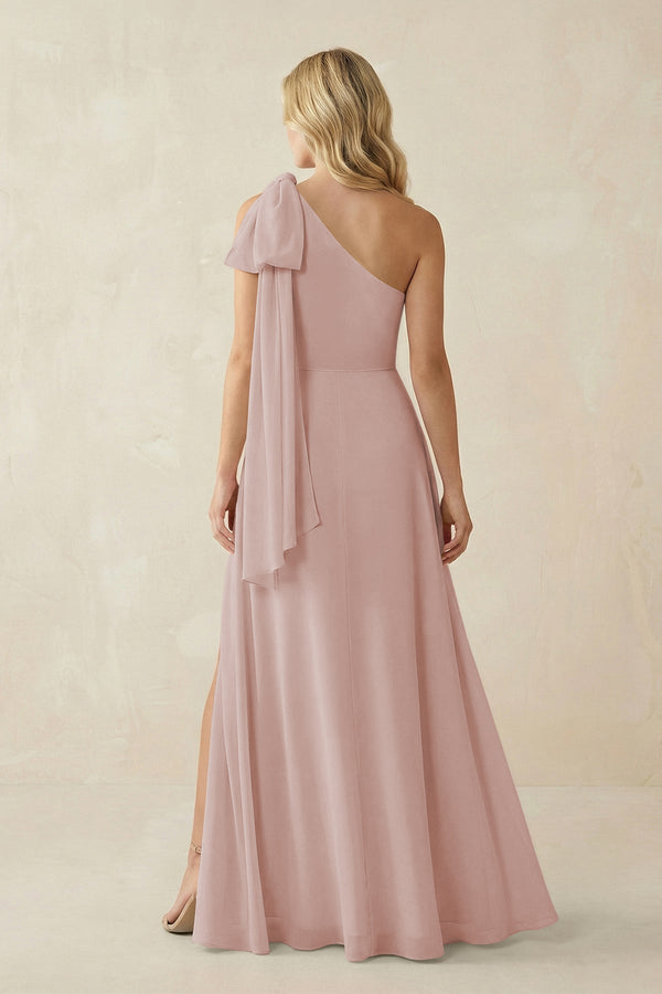 Ruffled One Shoulder Chiffon Bridesmaid Dress With Slit in Toffee - SHE IS ME BRIDESMAID DRESSES