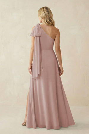 Ruffled One Shoulder Chiffon Bridesmaid Dress With Slit in Toffee (2) | KISSBRIDAL