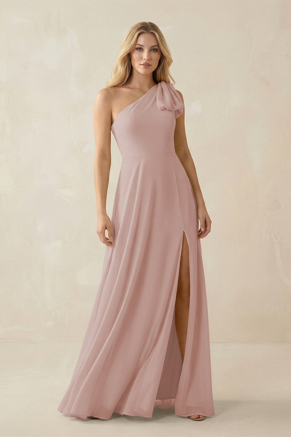 Ruffled One Shoulder Chiffon Bridesmaid Dress With Slit in Toffee - KISS BRIDAL BRIDESMAID DRESSES