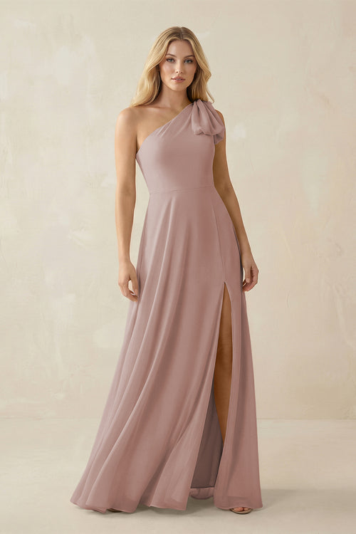 Ruffled One Shoulder Chiffon Bridesmaid Dress With Slit in Toffee | KISSBRIDAL