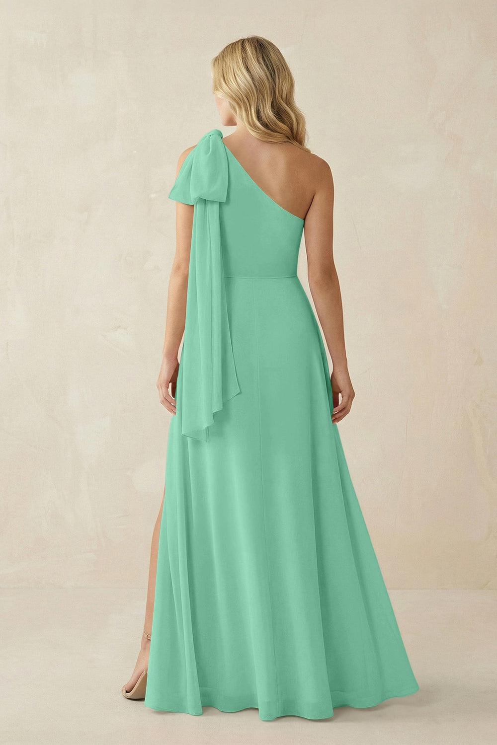 Ruffled One Shoulder Chiffon Bridesmaid Dress With Slit in Turquoise - KISS BRIDAL BRIDESMAID DRESSES